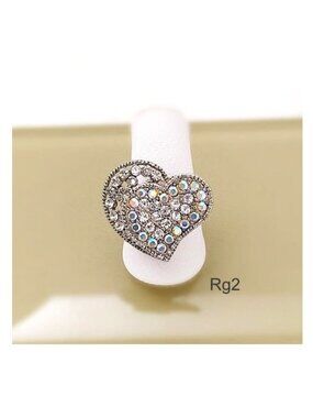 WHITE Crystal Bold Ring “2 Hearts As 1” Adjustable